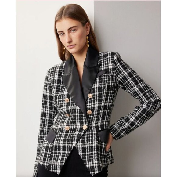 Rachel Parcell Women's Plaid Tweed Double Breasted Satin Lapel Blazer Sz 4 3151 - Picture 2 of 16